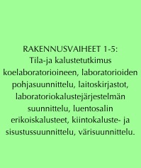 


RAKENNUSVAIHEET 1-5: 
Tila-ja kalustetutkimus koelaboratorioineen, laboratorioiden pohjasuunnittelu, laitoskirjastot, laboratoriokalustejärjestelmän suunnittelu, luentosalin erikoiskalusteet, kiintokaluste- ja sisustussuunnittelu, värisuunnittelu.

