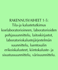 


RAKENNUSVAIHEET 1-5: 
Tila-ja kalustetutkimus koelaboratorioineen, laboratorioiden pohjasuunnittelu, laitoskirjastot, laboratoriokalustejärjestelmän suunnittelu, luentosalin erikoiskalusteet, kiintokaluste- ja sisustussuunnittelu, värisuunnittelu.

